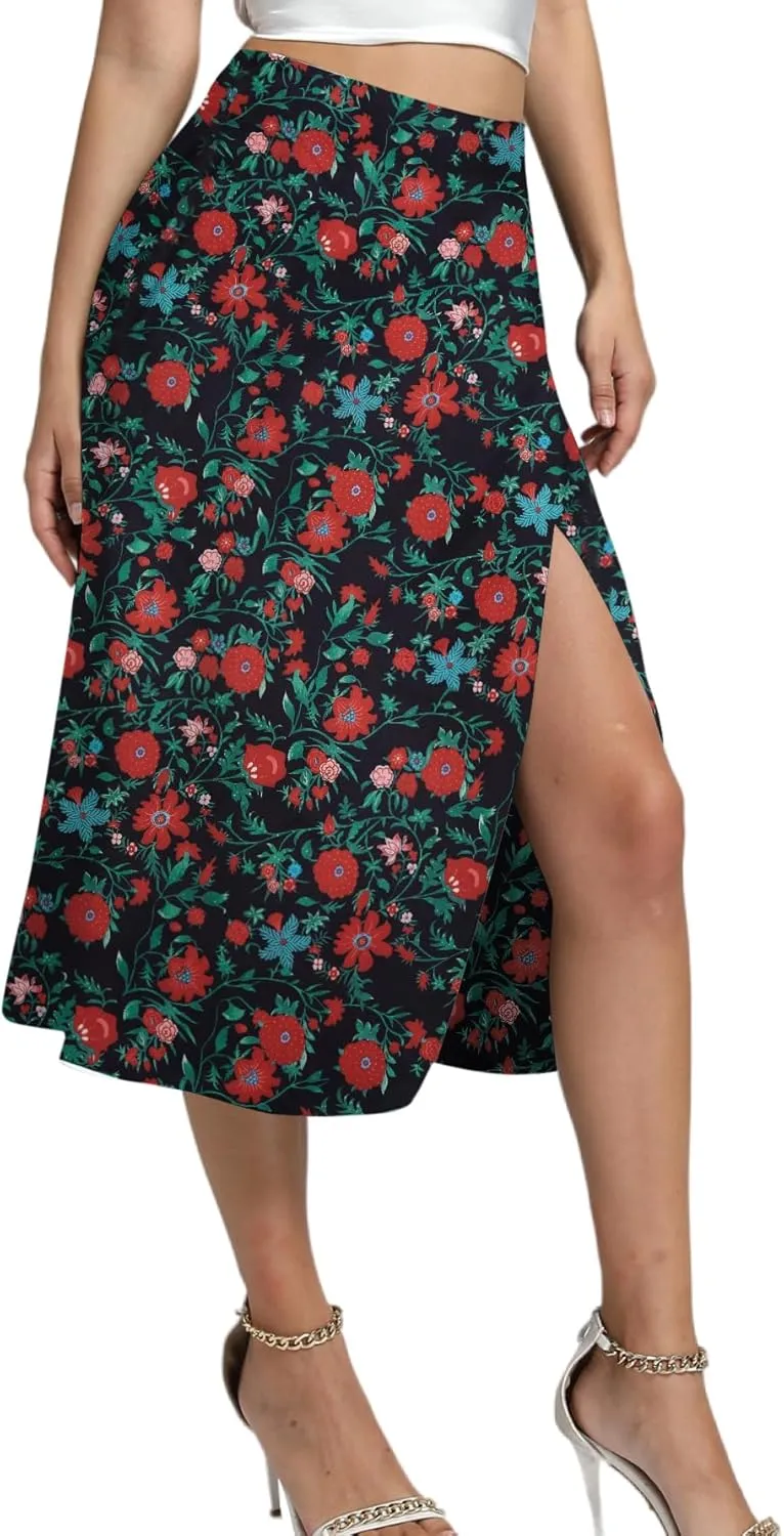 LYANER Women's Casual Boho Printed High Waist Side Split Hem Zipper Midi Skirt
