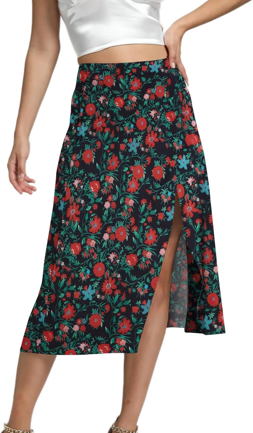 LYANER Women's Casual Boho Printed High Waist Side Split Hem Zipper Midi Skirt