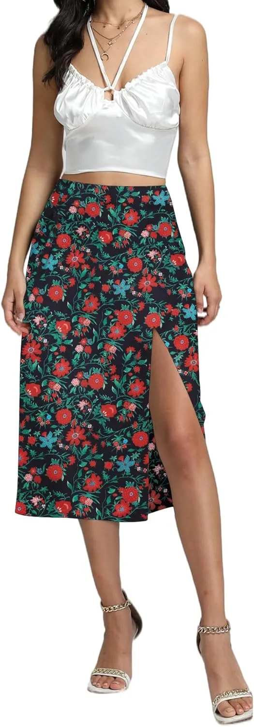 LYANER Women's Casual Boho Printed High Waist Side Split Hem Zipper Midi Skirt
