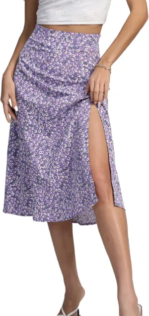 LYANER Women's Casual Boho Printed High Waist Side Split Hem Zipper Midi Skirt