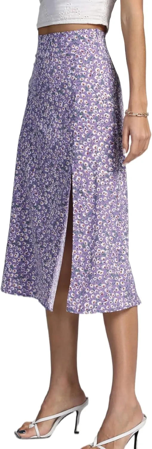 LYANER Women's Casual Boho Printed High Waist Side Split Hem Zipper Midi Skirt