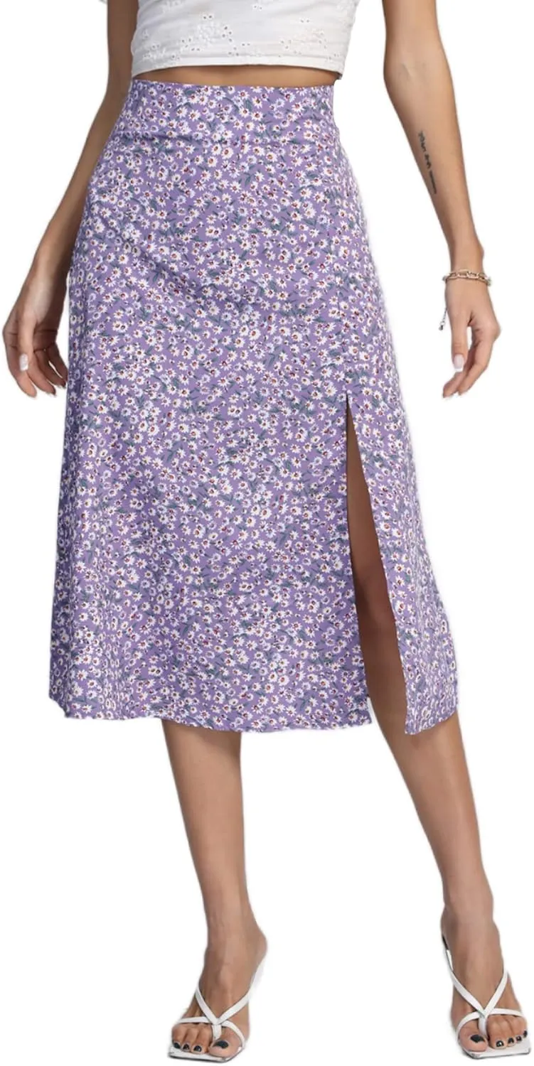 LYANER Women's Casual Boho Printed High Waist Side Split Hem Zipper Midi Skirt