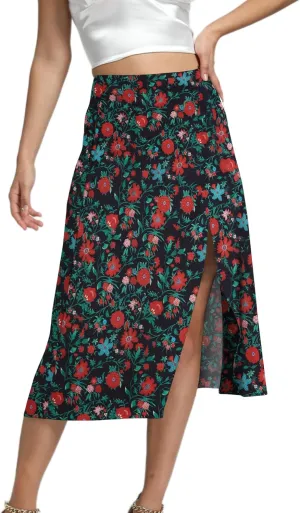 LYANER Women's Casual Boho Printed High Waist Side Split Hem Zipper Midi Skirt