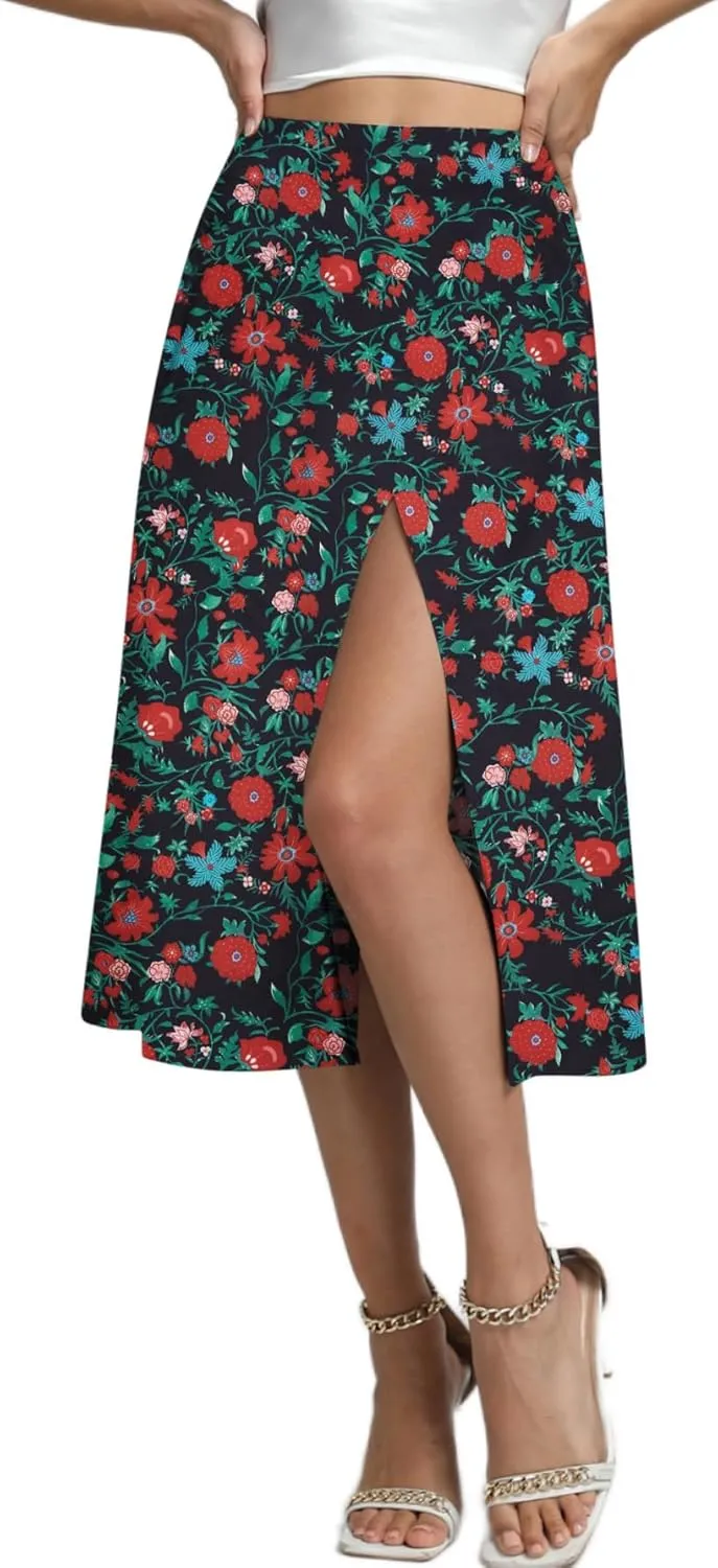 LYANER Women's Casual Boho Printed High Waist Side Split Hem Zipper Midi Skirt