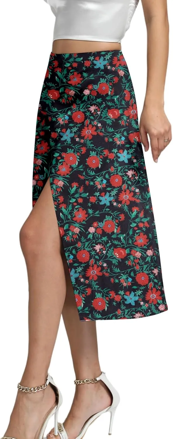 LYANER Women's Casual Boho Printed High Waist Side Split Hem Zipper Midi Skirt