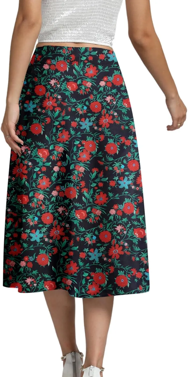 LYANER Women's Casual Boho Printed High Waist Side Split Hem Zipper Midi Skirt