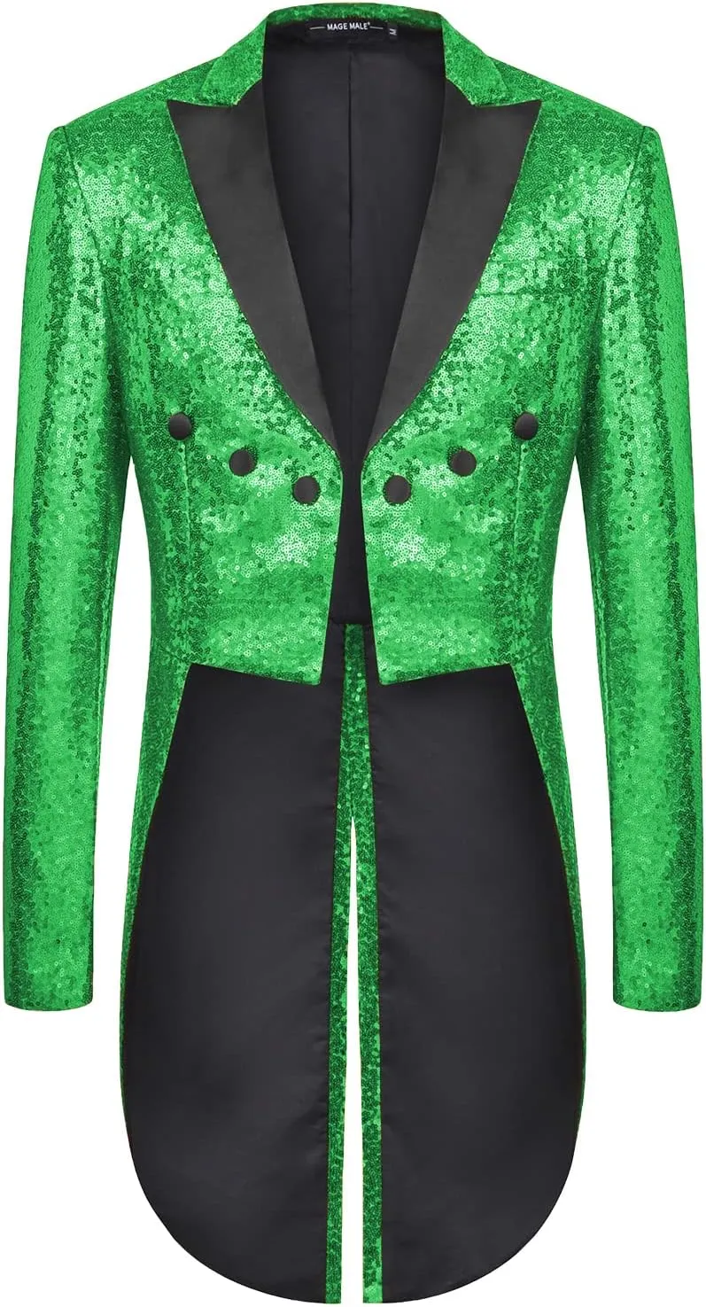 MAGE MALE Mens Sequin Tuxedo Jacket Tails Slim Fit Tailcoat Dress Coat Swallowtail Dinner Party Wedding Blazer Suit Jacket
