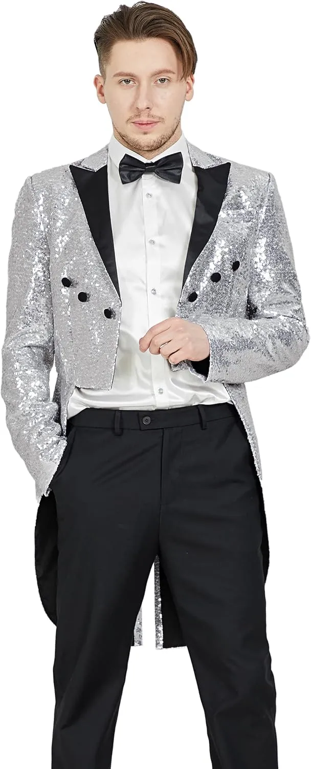 MAGE MALE Mens Sequin Tuxedo Jacket Tails Slim Fit Tailcoat Dress Coat Swallowtail Dinner Party Wedding Blazer Suit Jacket