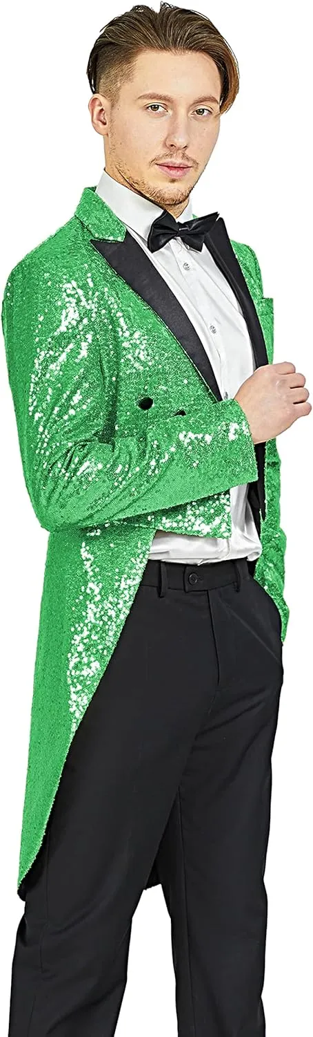 MAGE MALE Mens Sequin Tuxedo Jacket Tails Slim Fit Tailcoat Dress Coat Swallowtail Dinner Party Wedding Blazer Suit Jacket