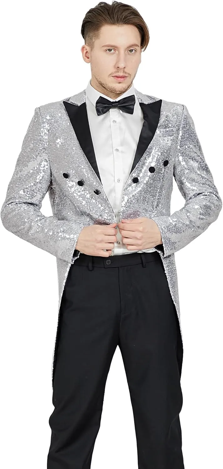 MAGE MALE Mens Sequin Tuxedo Jacket Tails Slim Fit Tailcoat Dress Coat Swallowtail Dinner Party Wedding Blazer Suit Jacket