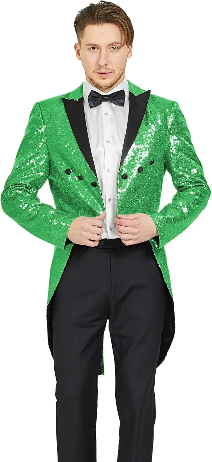 MAGE MALE Mens Sequin Tuxedo Jacket Tails Slim Fit Tailcoat Dress Coat Swallowtail Dinner Party Wedding Blazer Suit Jacket