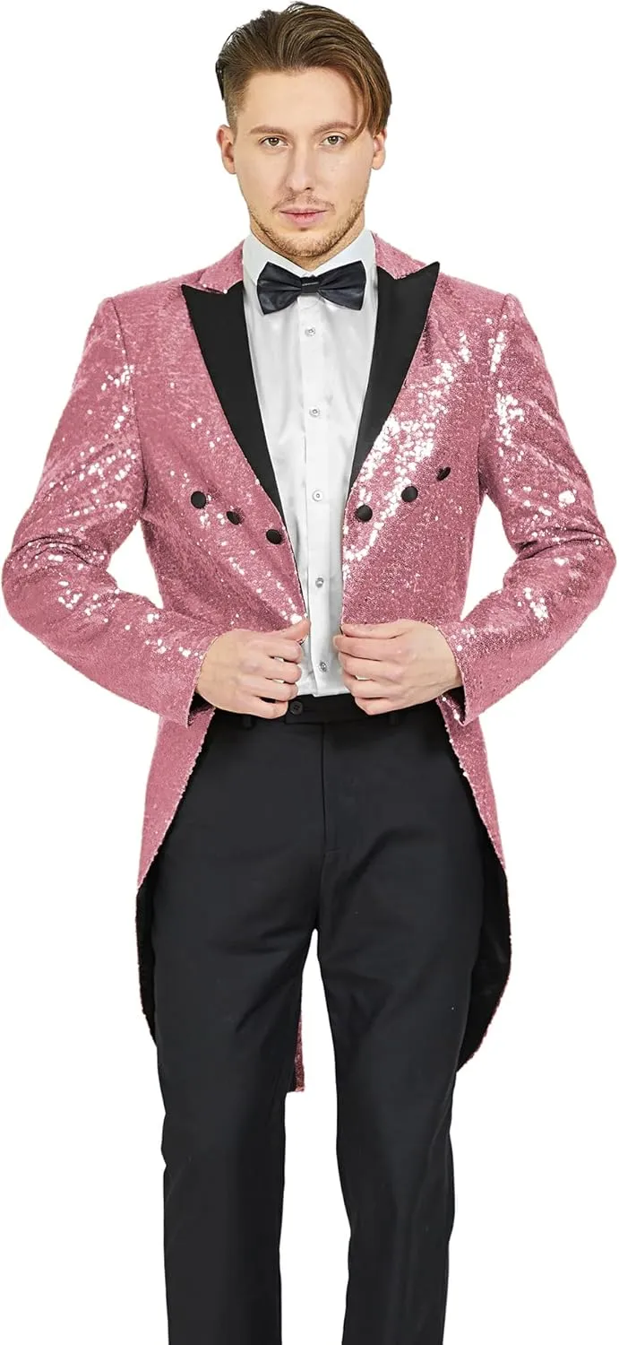 MAGE MALE Mens Sequin Tuxedo Jacket Tails Slim Fit Tailcoat Dress Coat Swallowtail Dinner Party Wedding Blazer Suit Jacket