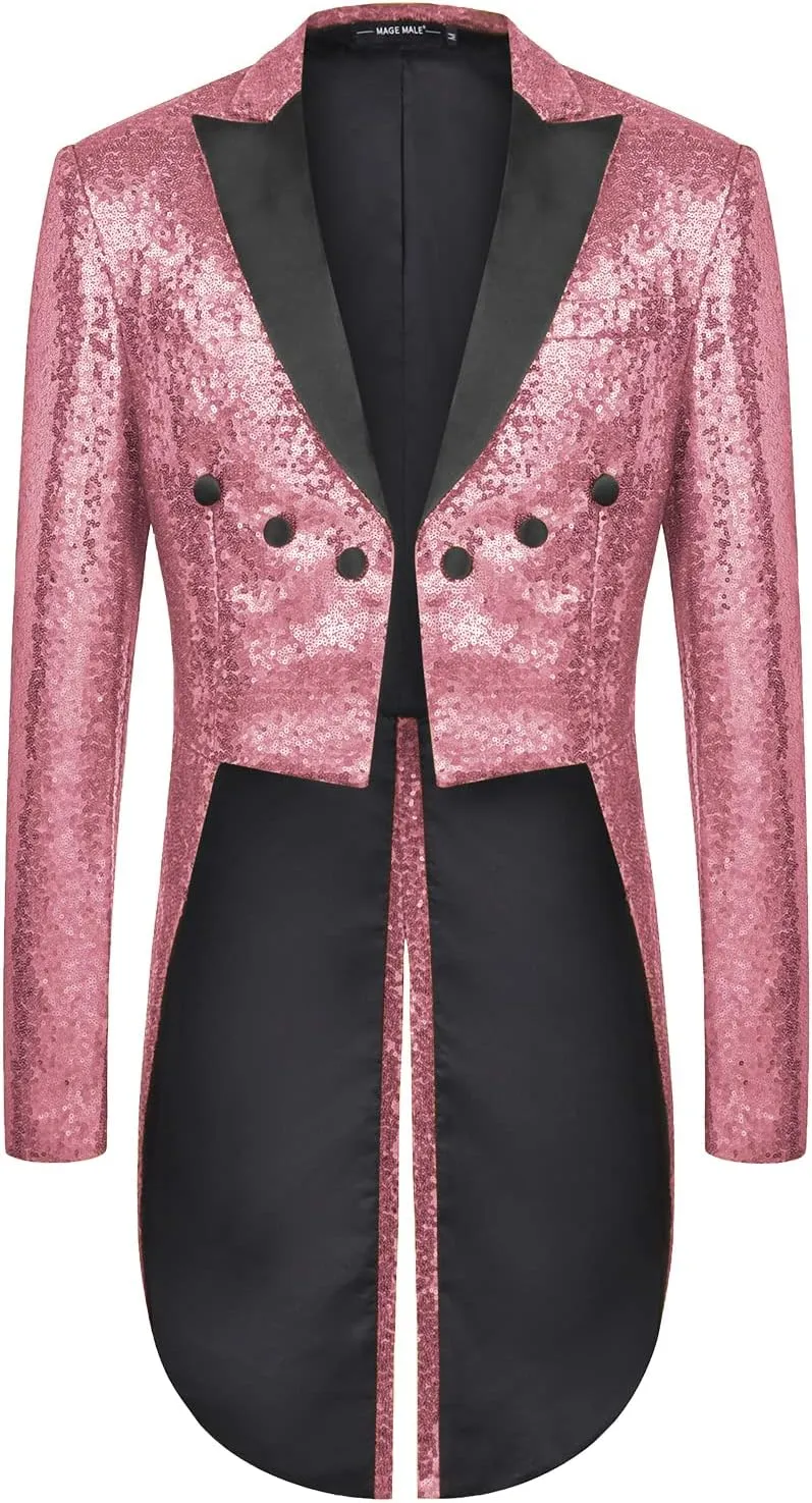 MAGE MALE Mens Sequin Tuxedo Jacket Tails Slim Fit Tailcoat Dress Coat Swallowtail Dinner Party Wedding Blazer Suit Jacket