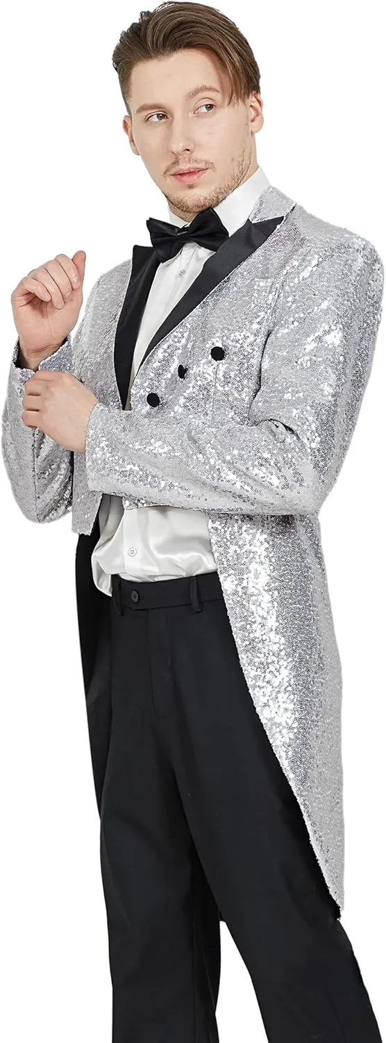 MAGE MALE Mens Sequin Tuxedo Jacket Tails Slim Fit Tailcoat Dress Coat Swallowtail Dinner Party Wedding Blazer Suit Jacket