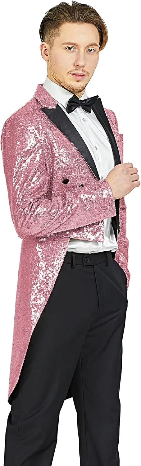 MAGE MALE Mens Sequin Tuxedo Jacket Tails Slim Fit Tailcoat Dress Coat Swallowtail Dinner Party Wedding Blazer Suit Jacket