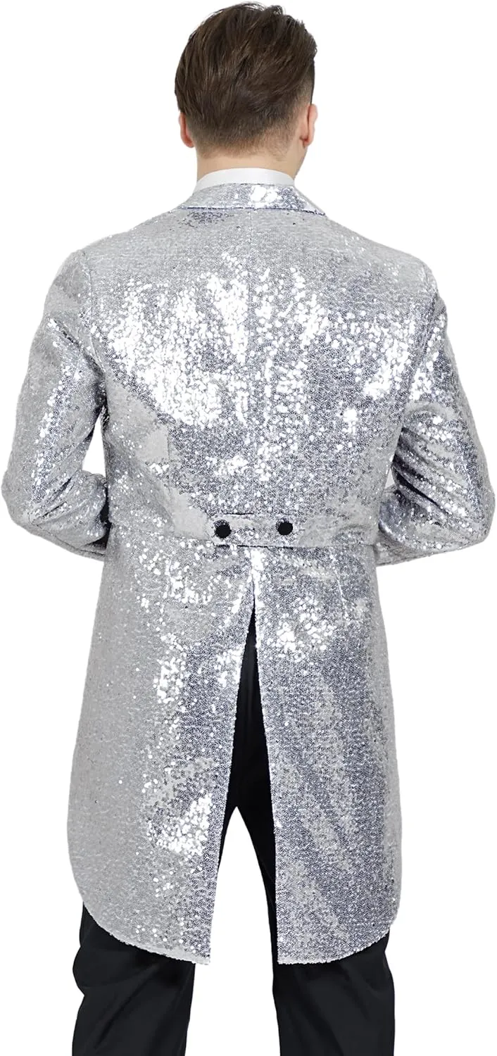 MAGE MALE Mens Sequin Tuxedo Jacket Tails Slim Fit Tailcoat Dress Coat Swallowtail Dinner Party Wedding Blazer Suit Jacket