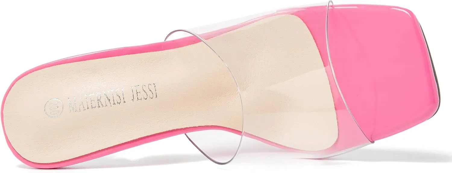MAIERNISI JESSI Women's Clear Heels Sandals Square Toe High Stiletto Mules Slip on Wedding Dress Heel