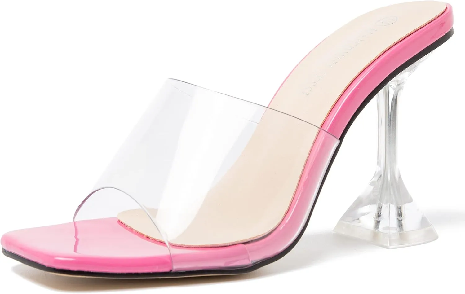 MAIERNISI JESSI Women's Clear Heels Sandals Square Toe High Stiletto Mules Slip on Wedding Dress Heel