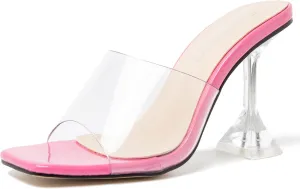 MAIERNISI JESSI Women's Clear Heels Sandals Square Toe High Stiletto Mules Slip on Wedding Dress Heel