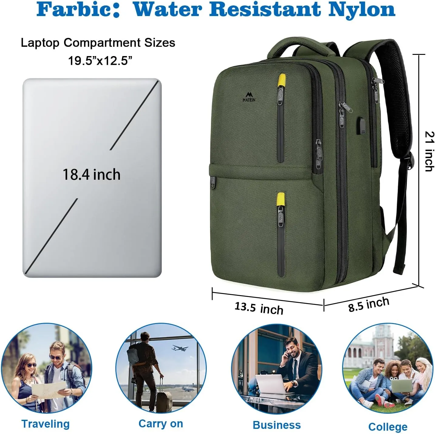 MATEIN Extra Large 45L Travel Backpack, Airline Approved Carry on Backpack with USB Port & Shoe Compartment, Water Resistant Luggage College Overnight Weekender Travel Bag Fit 18" Laptop, Green