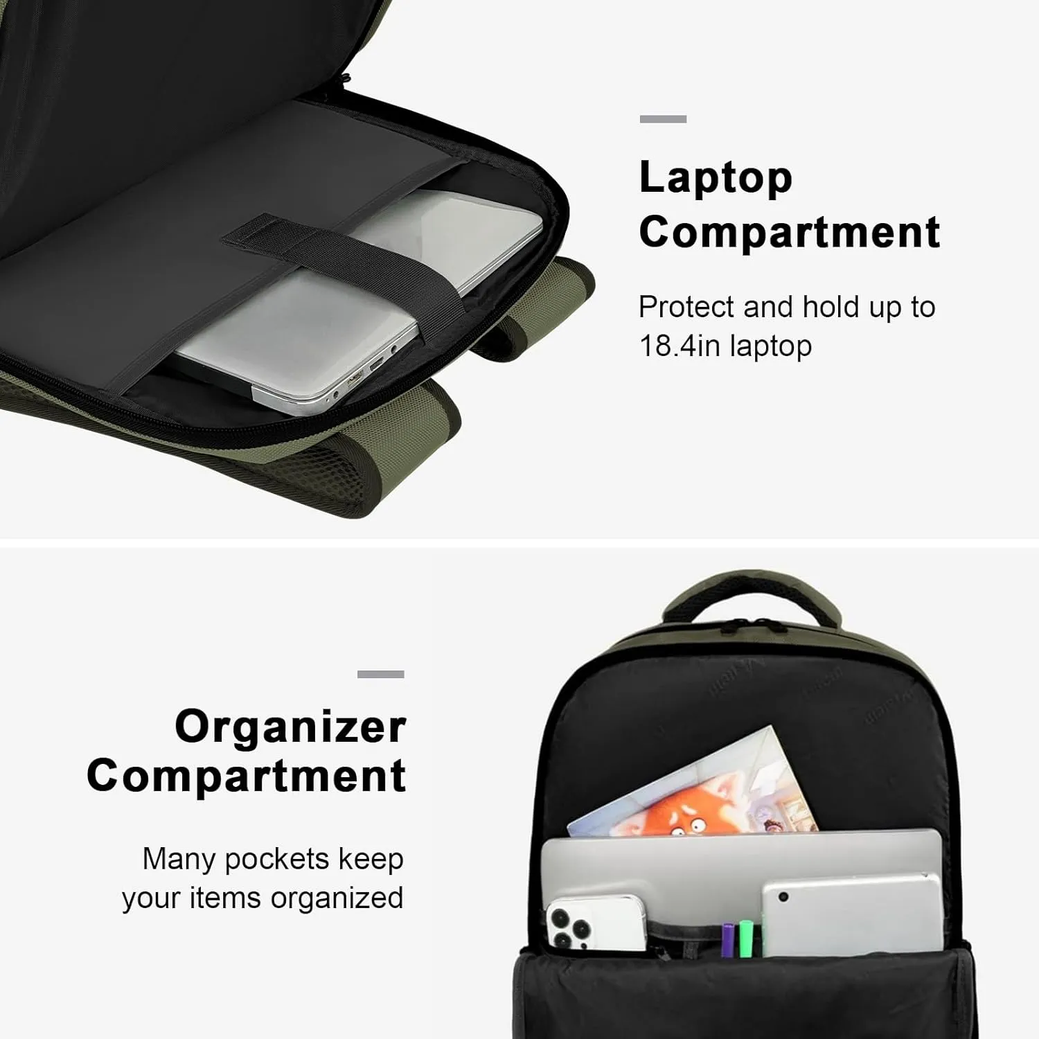 MATEIN Extra Large 45L Travel Backpack, Airline Approved Carry on Backpack with USB Port & Shoe Compartment, Water Resistant Luggage College Overnight Weekender Travel Bag Fit 18" Laptop, Green