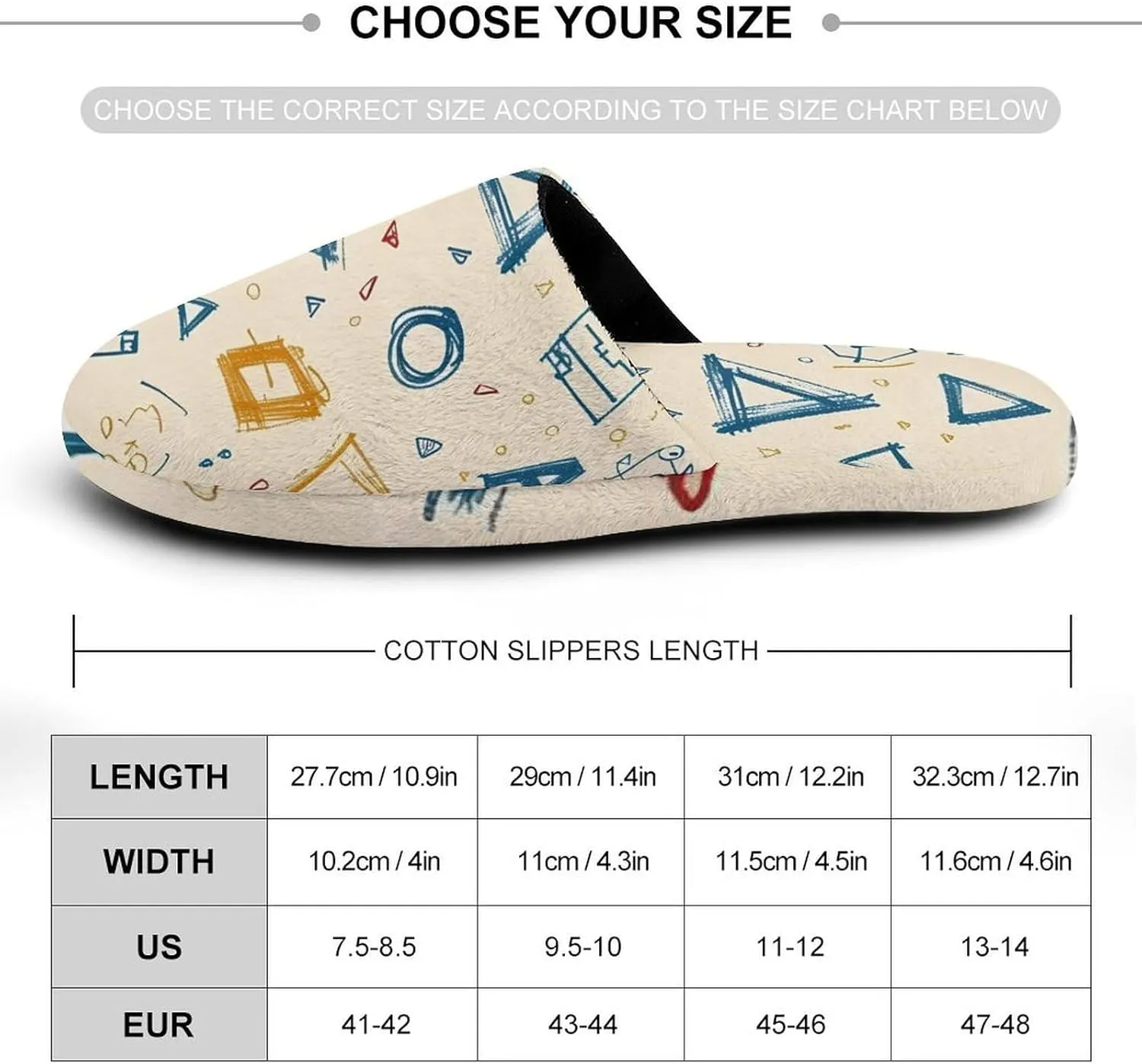 Math Geometry Alphabet Doodles Warm Mens Slippers Winter Slip On Breathable Lightweight House Shoes Washable Indoor