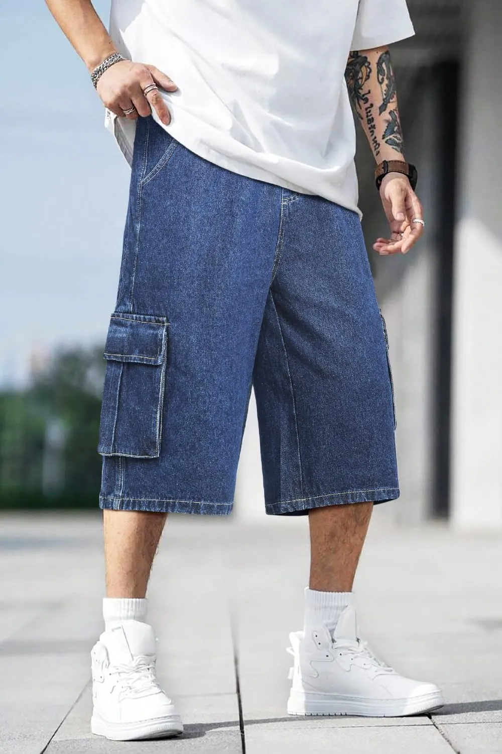Men Baggy Jean Shorts Streetwear Denim Shorts Cargo Stretch Waist Jorts 15 Inch Inseam