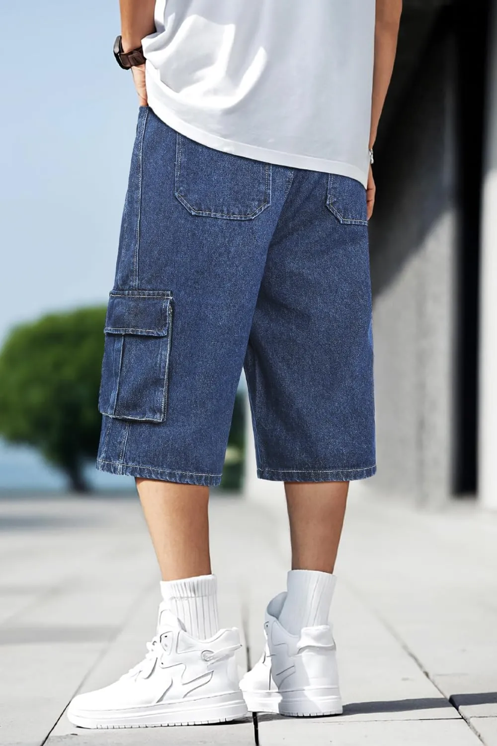 Men Baggy Jean Shorts Streetwear Denim Shorts Cargo Stretch Waist Jorts 15 Inch Inseam