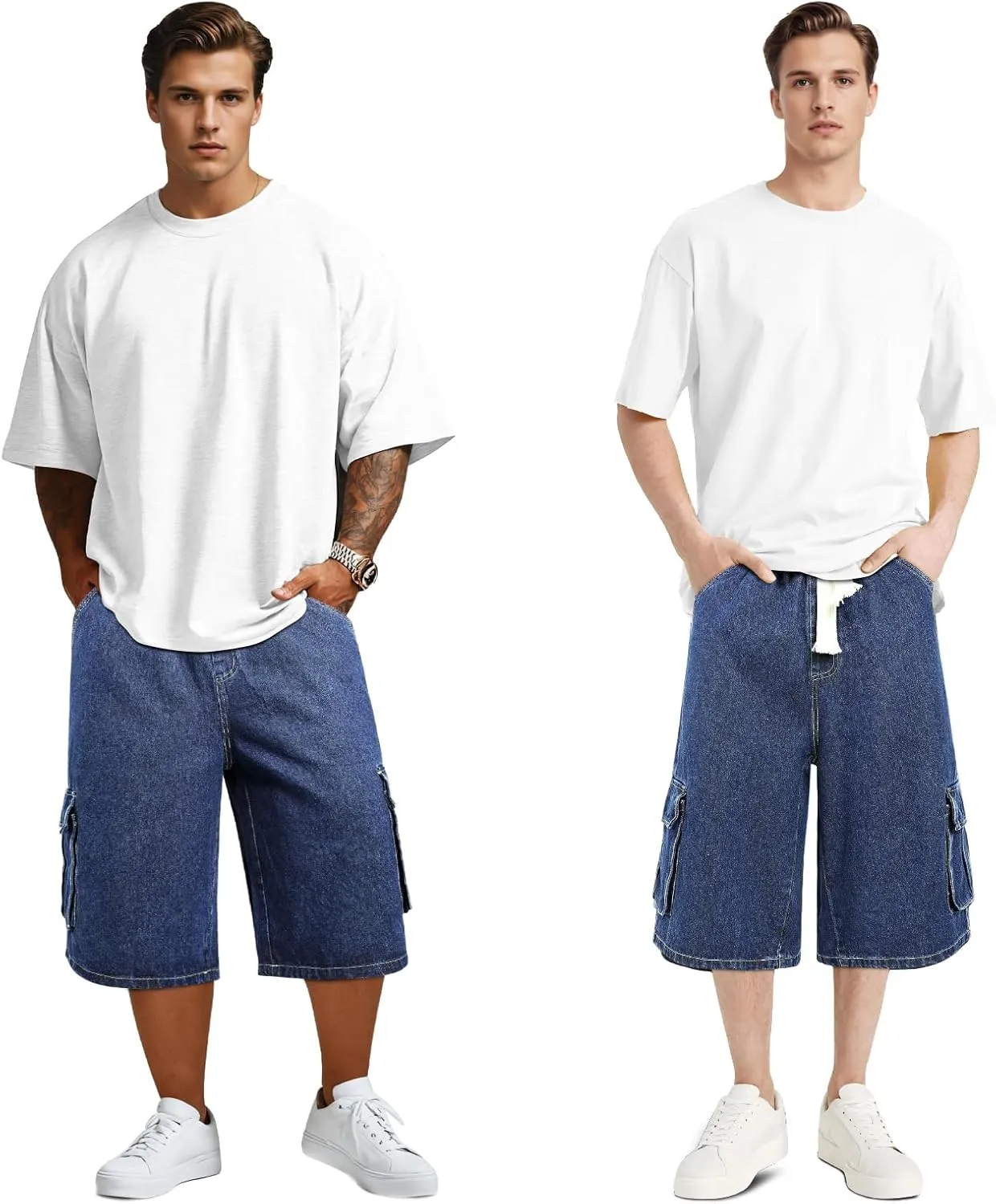 Men Baggy Jean Shorts Streetwear Denim Shorts Cargo Stretch Waist Jorts 15 Inch Inseam