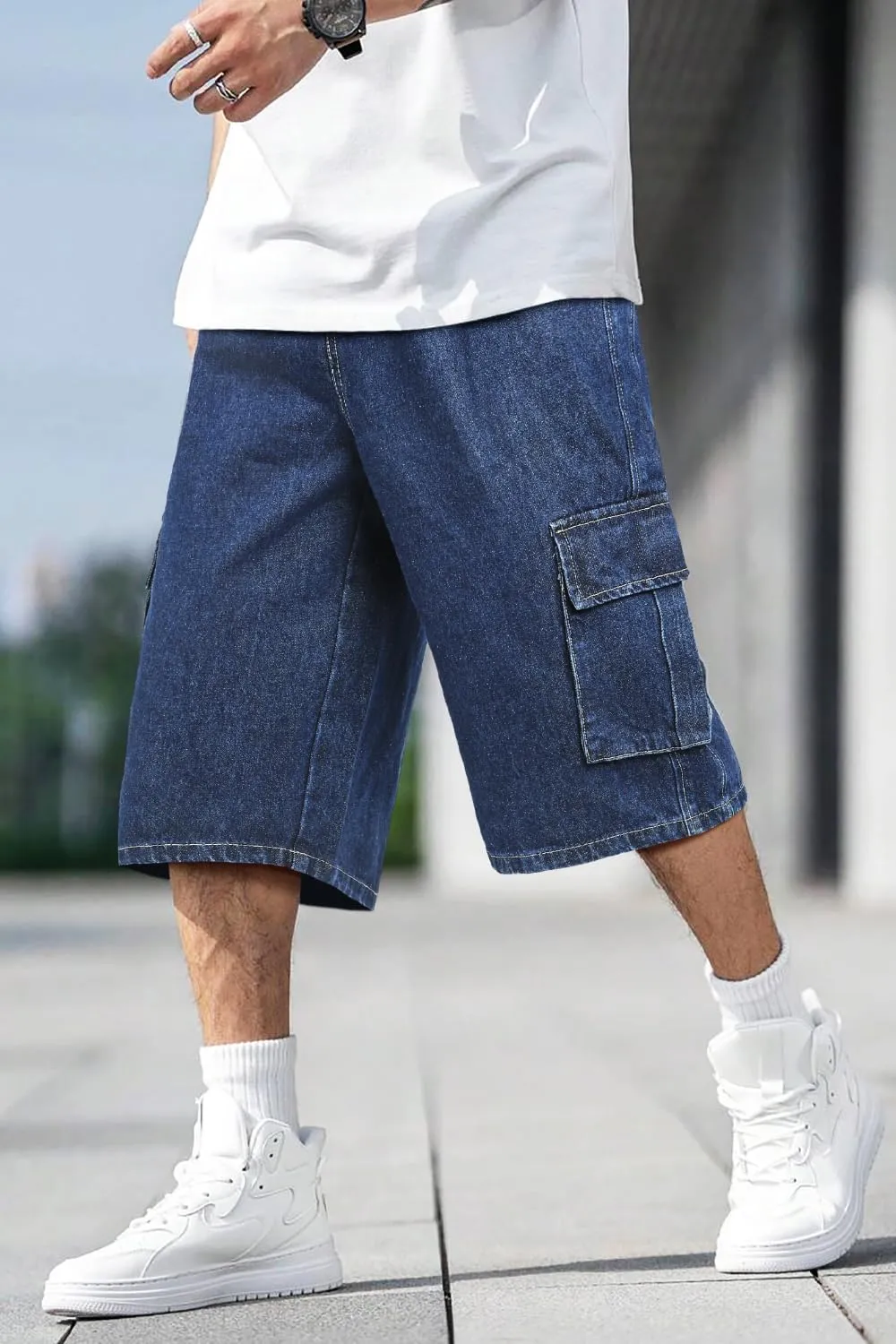 Men Baggy Jean Shorts Streetwear Denim Shorts Cargo Stretch Waist Jorts 15 Inch Inseam