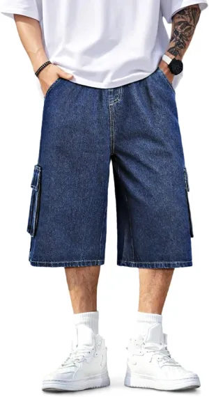 Men Baggy Jean Shorts Streetwear Denim Shorts Cargo Stretch Waist Jorts 15 Inch Inseam