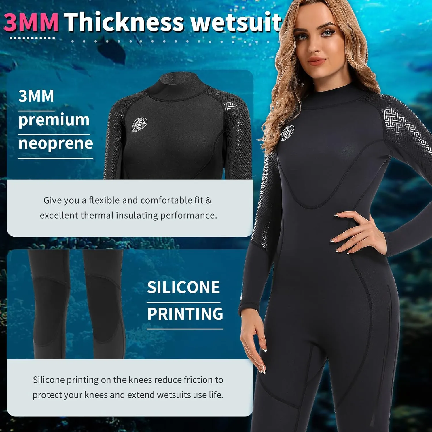 Men Wetsuit Women Neoprene Wet Suit - BEEK 3mm Thermal Scuba Gear Back Zip Ultra Stretch Swimsuit Long Sleeve Full Body Warm Diving Suits for Surfing Snorkeling Swimming Outdoor Water Sports Diver