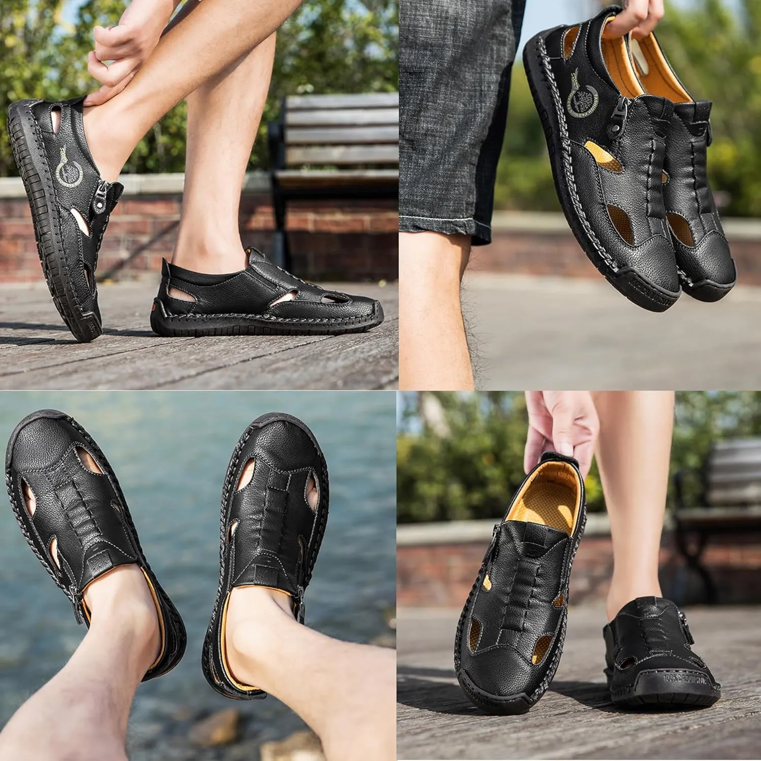 Men's Closed-Toe Leather Fisherman Sandals Slip-On |Side Zipper Hand-Sewn | Breathable Comfortable Casual Moccasin Loafers for Summer Outdoor Driving & Walking