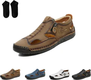 Men's Closed-Toe Leather Fisherman Sandals Slip-On |Side Zipper Hand-Sewn | Breathable Comfortable Casual Moccasin Loafers for Summer Outdoor Driving & Walking