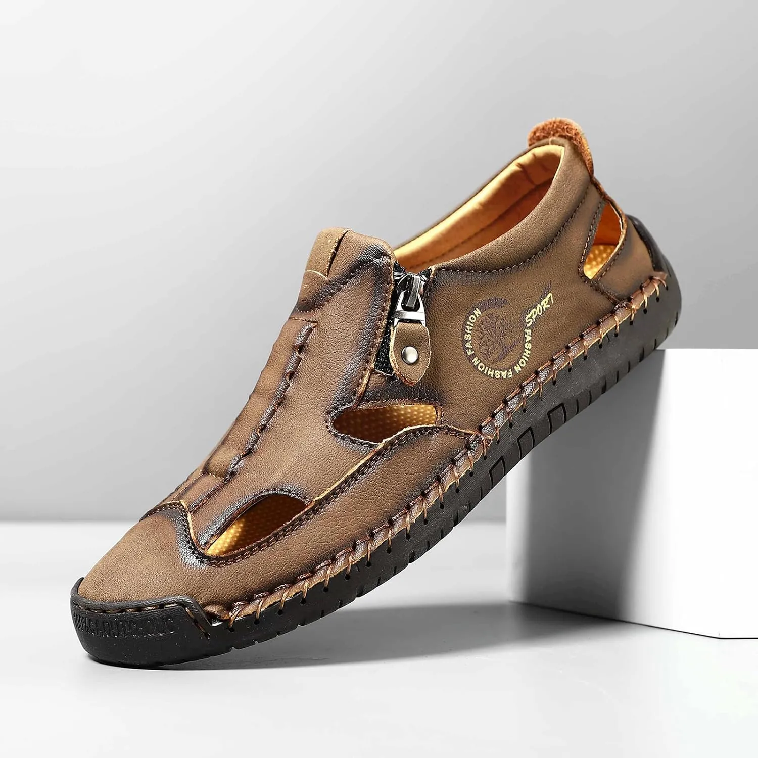 Men's Closed-Toe Leather Fisherman Sandals Slip-On |Side Zipper Hand-Sewn | Breathable Comfortable Casual Moccasin Loafers for Summer Outdoor Driving & Walking