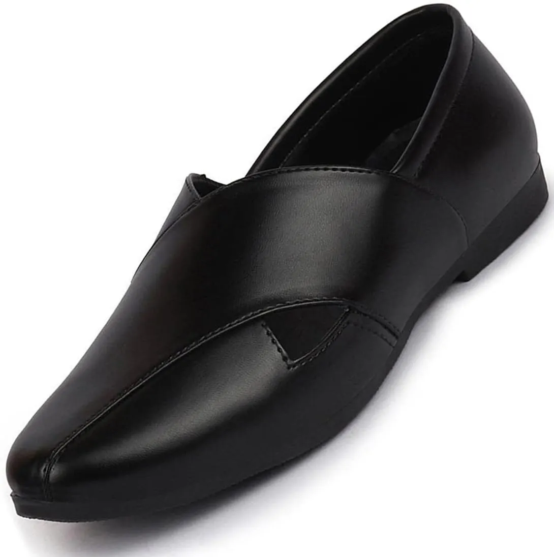 Men's FST KI-1724 BLACK-40 Ethnic Black Criss Cross Slip On Juttis and Mojaris (6 UK)