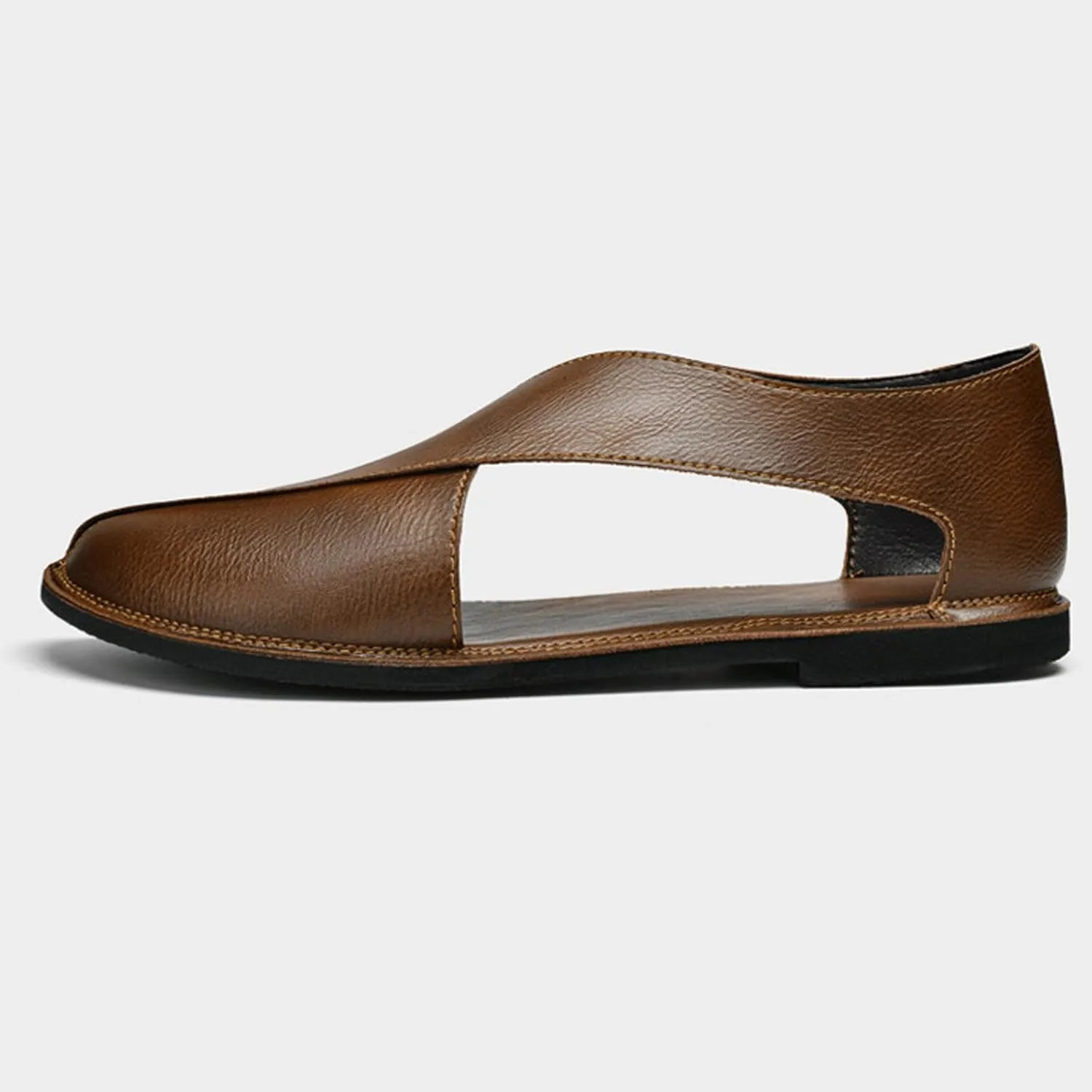 Men's Genuine Leather SOFE Sole Flat Sandals,Summer Outdoor Comfortable Slip On Soft Walking Driving Shoes Casual Fisherman Beach Shoes