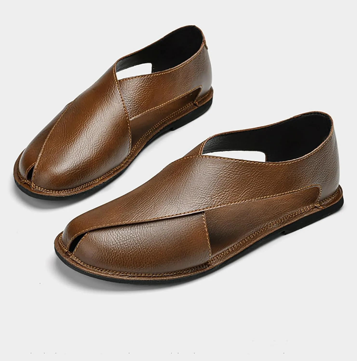 Men's Genuine Leather SOFE Sole Flat Sandals,Summer Outdoor Comfortable Slip On Soft Walking Driving Shoes Casual Fisherman Beach Shoes