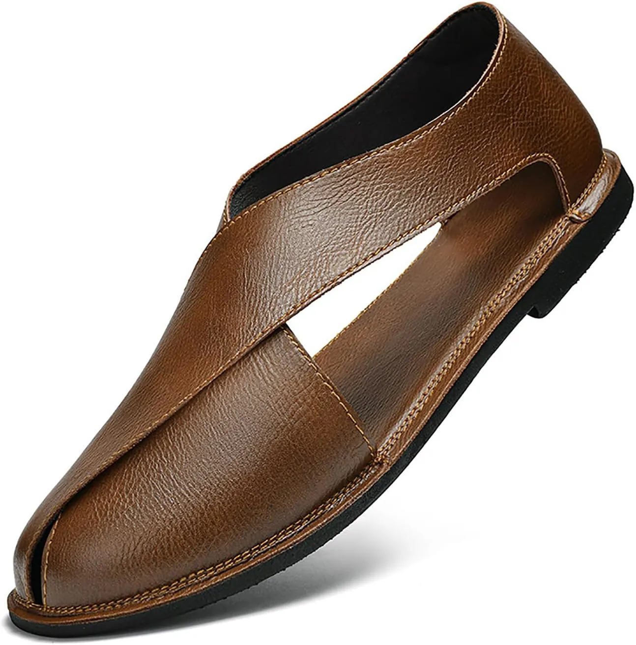 Men's Genuine Leather SOFE Sole Flat Sandals,Summer Outdoor Comfortable Slip On Soft Walking Driving Shoes Casual Fisherman Beach Shoes
