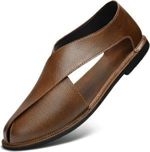 Men's Genuine Leather SOFE Sole Flat Sandals,Summer Outdoor Comfortable Slip On Soft Walking Driving Shoes Casual Fisherman Beach Shoes
