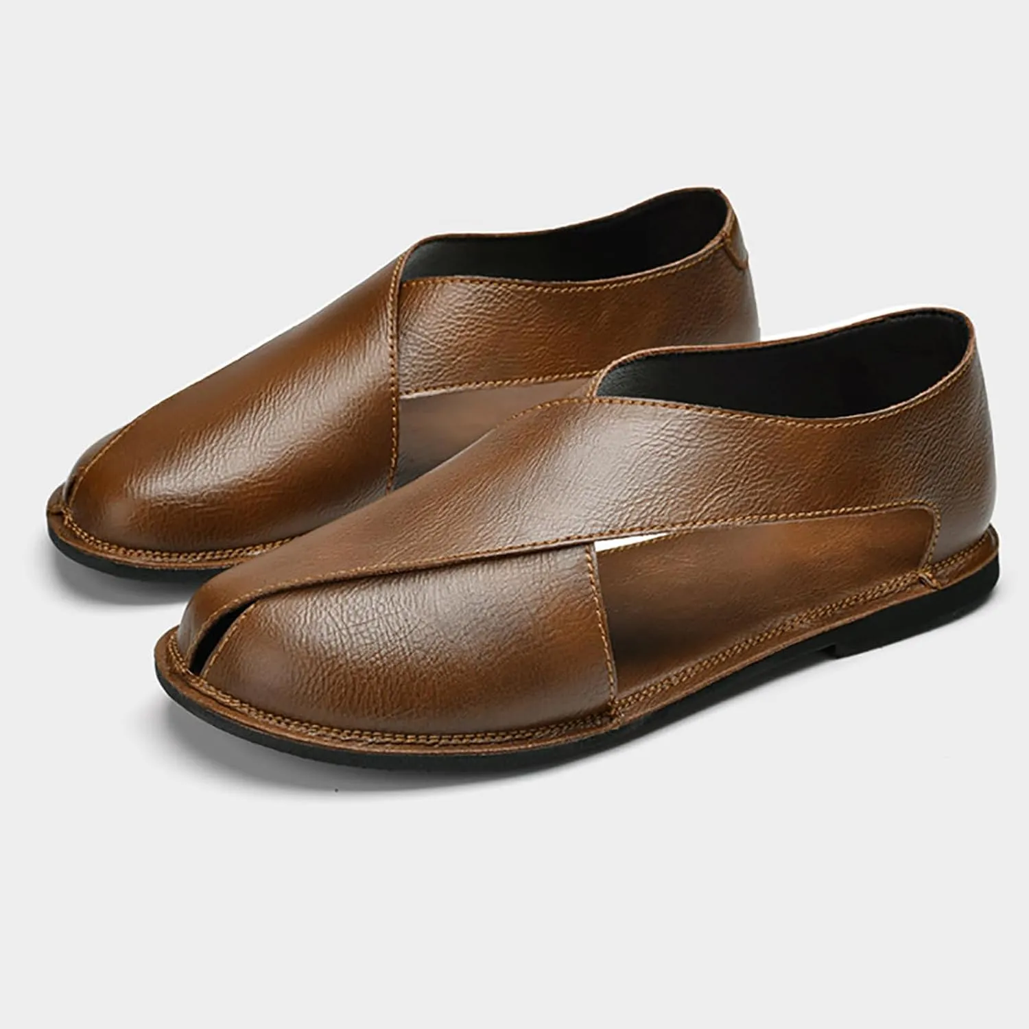 Men's Genuine Leather SOFE Sole Flat Sandals,Summer Outdoor Comfortable Slip On Soft Walking Driving Shoes Casual Fisherman Beach Shoes