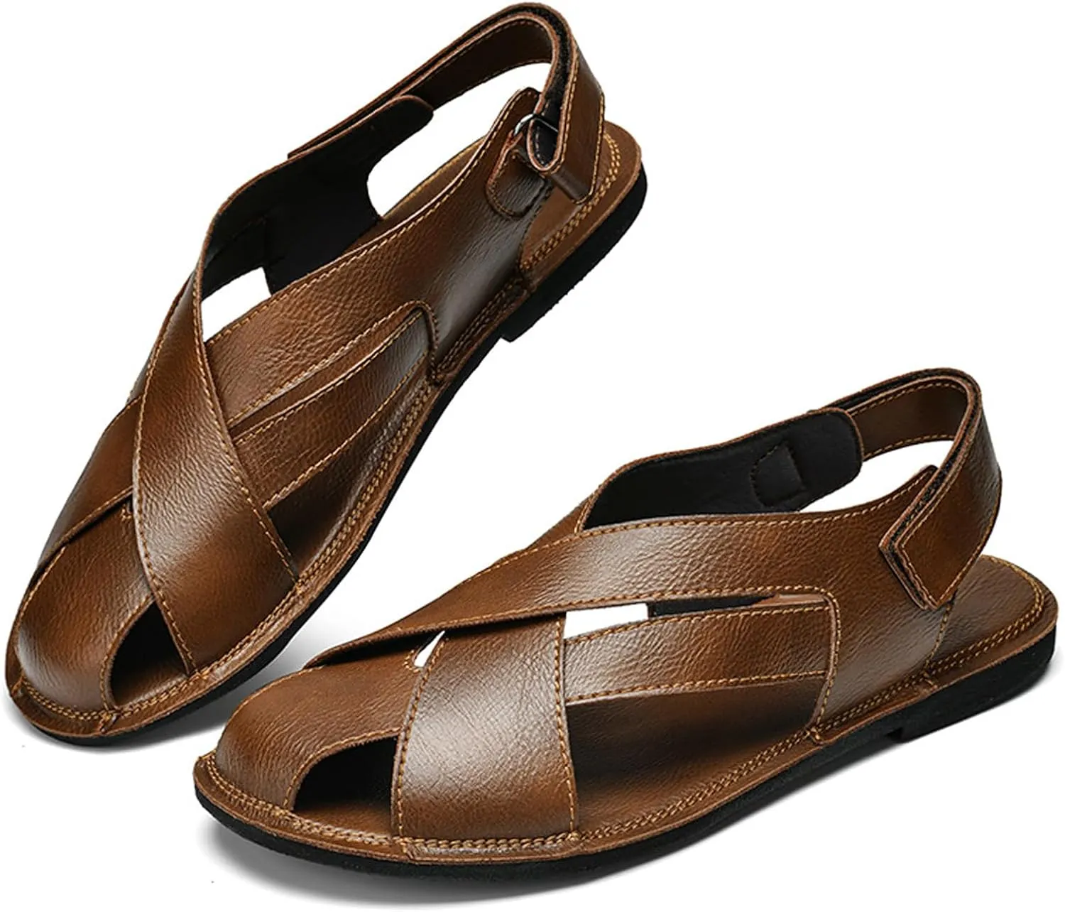 Men's Genuine Leather Strappy Cutout Back Hook and Loop Flat Sandals Closed-Toe Soft Sole Slip On Non-Slip Beach Sandals for Outdoor Hiking Traveling