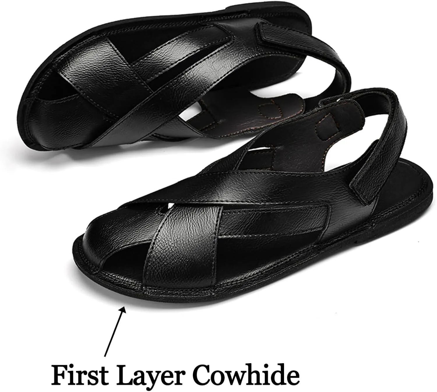 Men's Genuine Leather Strappy Cutout Back Hook and Loop Flat Sandals Closed-Toe Soft Sole Slip On Non-Slip Beach Sandals for Outdoor Hiking Traveling