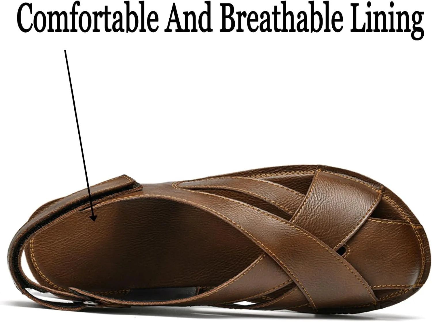 Men's Genuine Leather Strappy Cutout Back Hook and Loop Flat Sandals Closed-Toe Soft Sole Slip On Non-Slip Beach Sandals for Outdoor Hiking Traveling