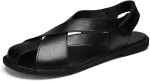Men's Genuine Leather Strappy Cutout Back Hook and Loop Flat Sandals Closed-Toe Soft Sole Slip On Non-Slip Beach Sandals for Outdoor Hiking Traveling