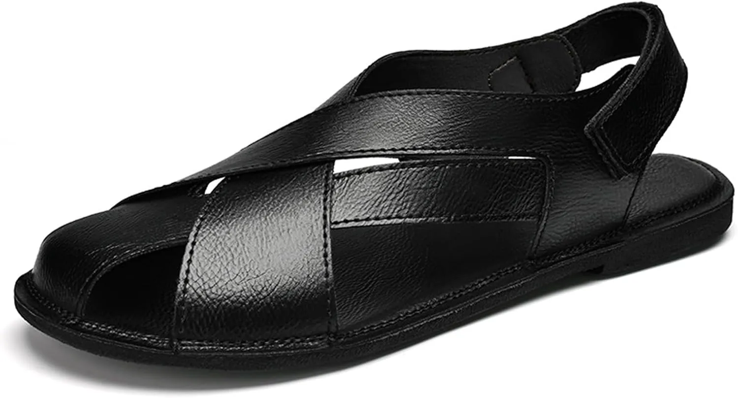 Men's Genuine Leather Strappy Cutout Back Hook and Loop Flat Sandals Closed-Toe Soft Sole Slip On Non-Slip Beach Sandals for Outdoor Hiking Traveling
