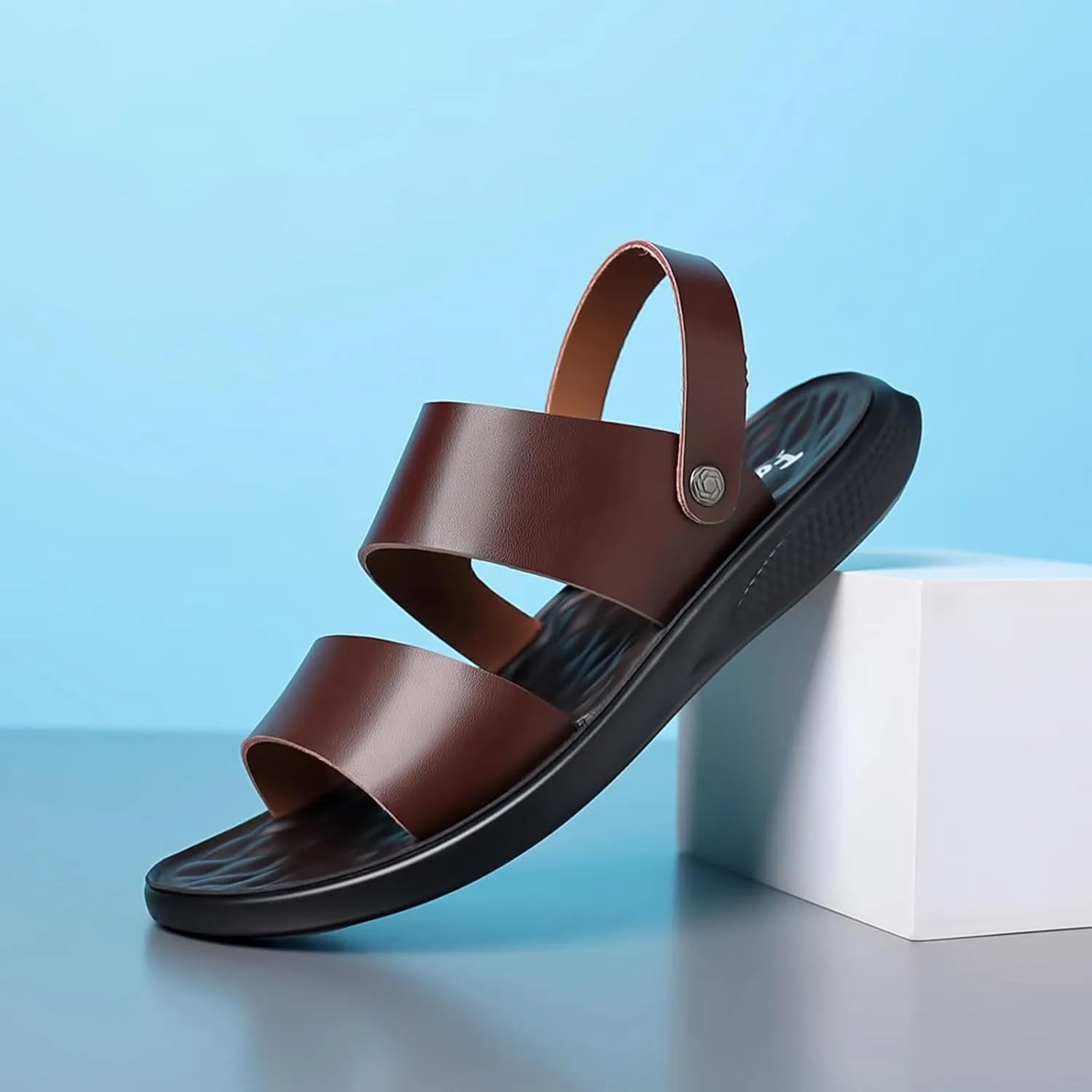Men's Leather Fashion Sandals Open Toe Slingback Adjustable Ankle Straps Slip-On Beach Sandals Non-Slip Soft Comfortable Slide Sandals