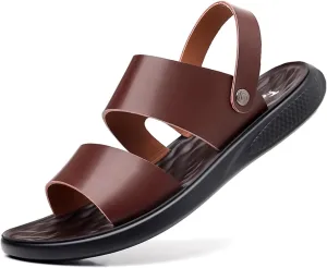 Men's Leather Fashion Sandals Open Toe Slingback Adjustable Ankle Straps Slip-On Beach Sandals Non-Slip Soft Comfortable Slide Sandals