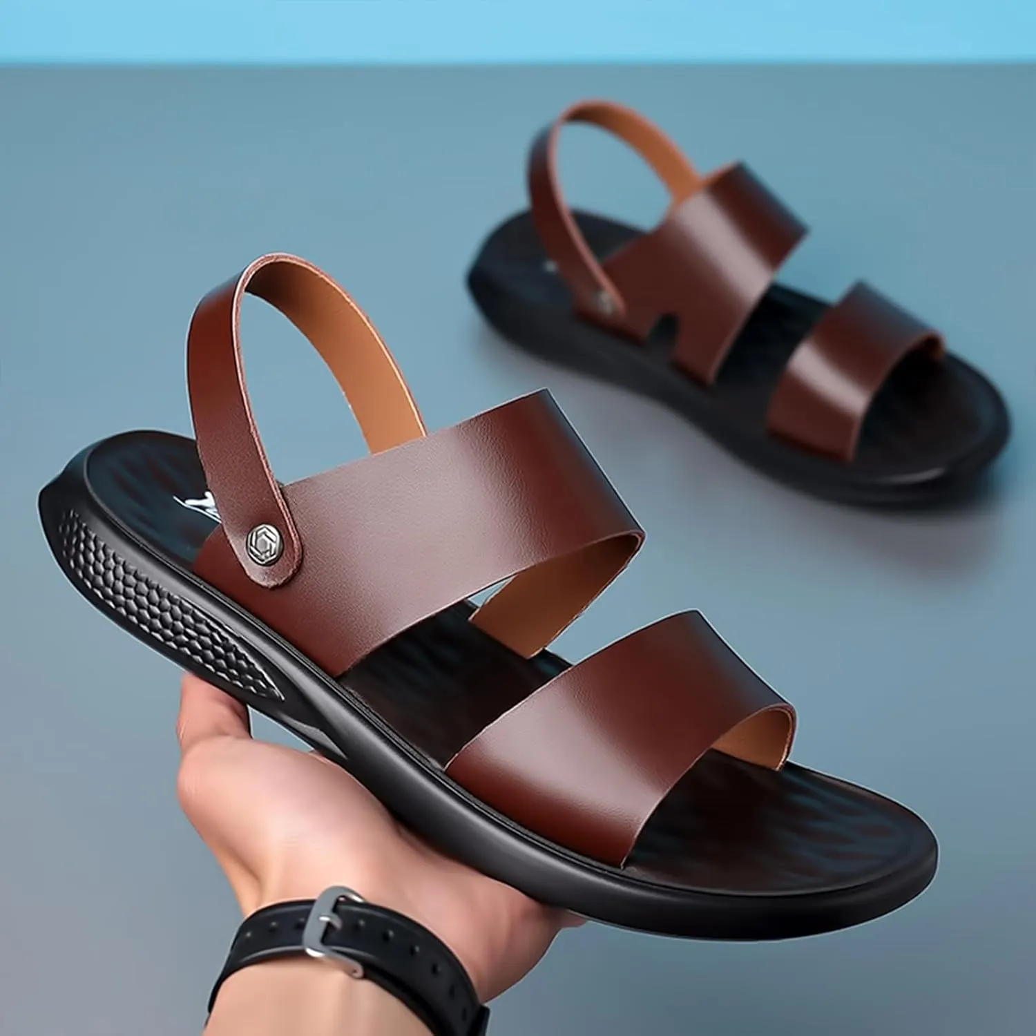 Men's Leather Fashion Sandals Open Toe Slingback Adjustable Ankle Straps Slip-On Beach Sandals Non-Slip Soft Comfortable Slide Sandals