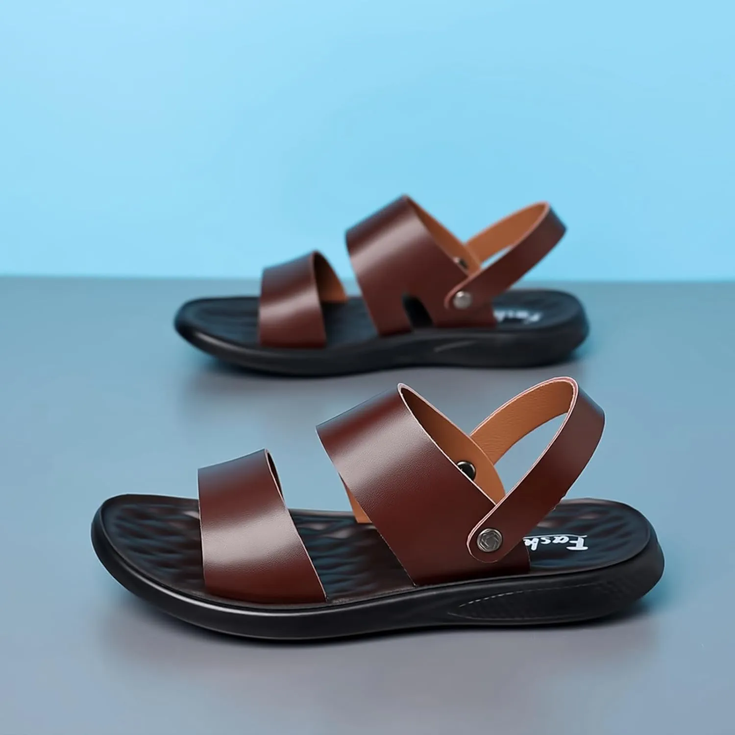 Men's Leather Fashion Sandals Open Toe Slingback Adjustable Ankle Straps Slip-On Beach Sandals Non-Slip Soft Comfortable Slide Sandals